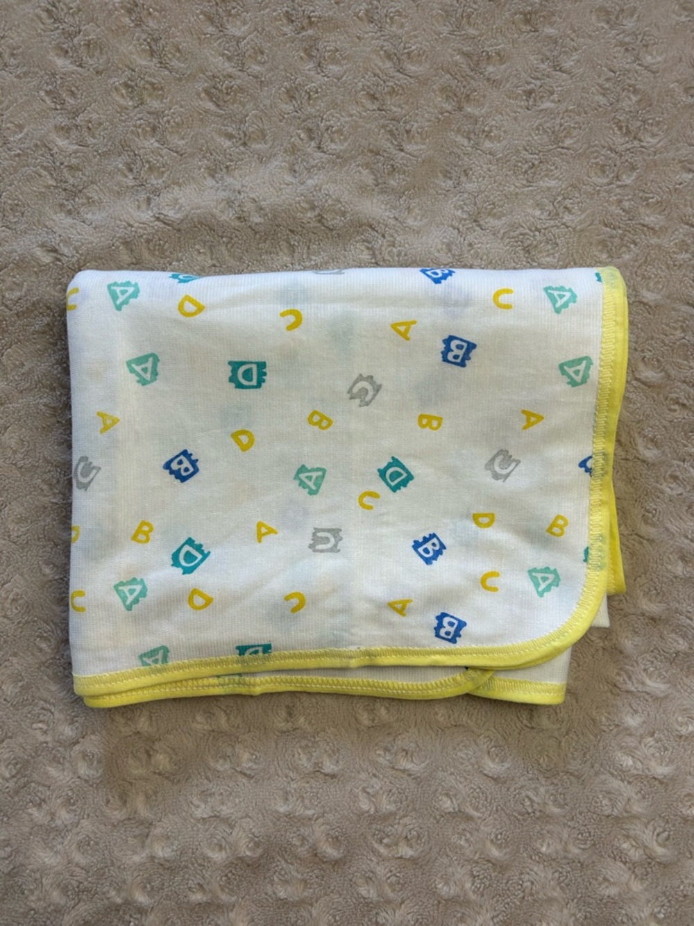 Tykes ABC Baby Blanket Yellow Trim Edge White USA Made Alphabet Letter Blue Gray